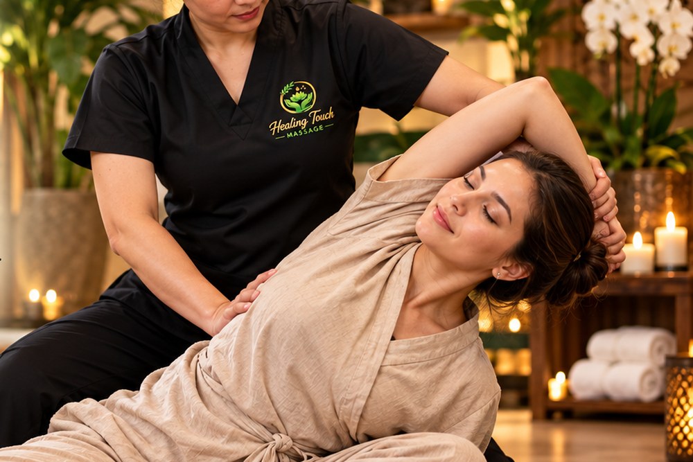 Thai massage therapist applying assisted stretching techniques